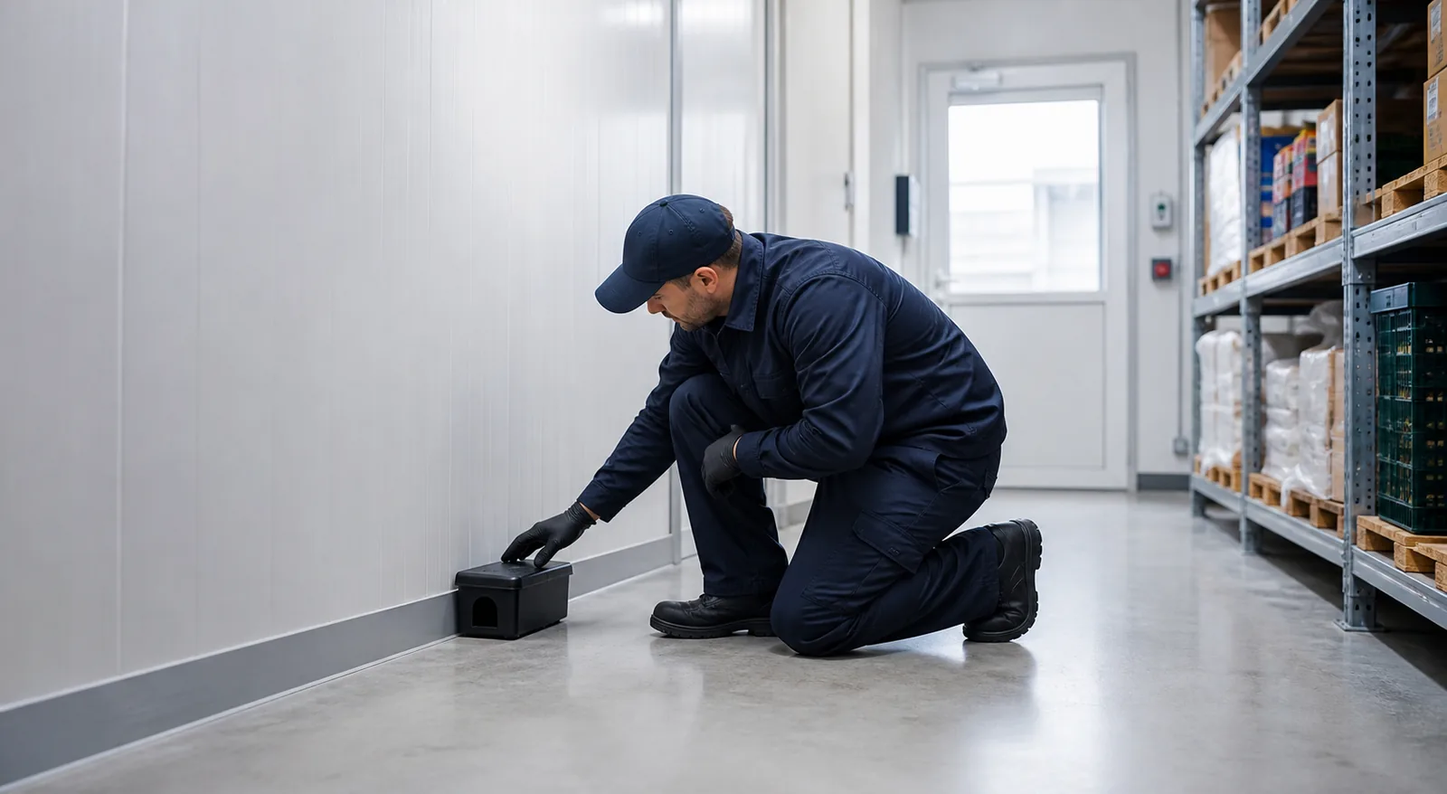 Técnico realizando una inspección preventiva de control de roedores en un almacén limpio